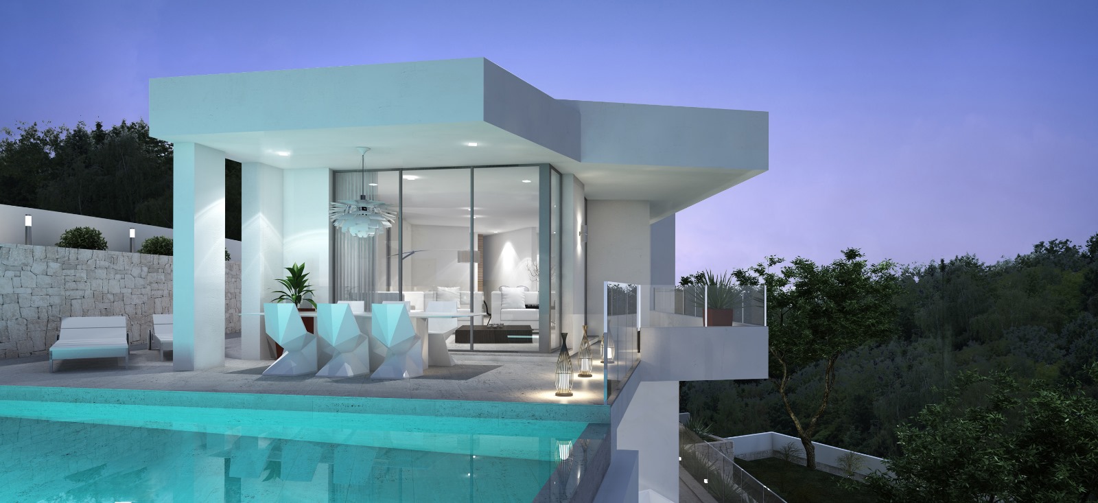 Obere Terrasse mit Infinity-Pool, geometrischen Designermöbeln und bodentiefen Glasfronten, die den Wohnbereich bei Dämmerung mit der Natur verbinden.