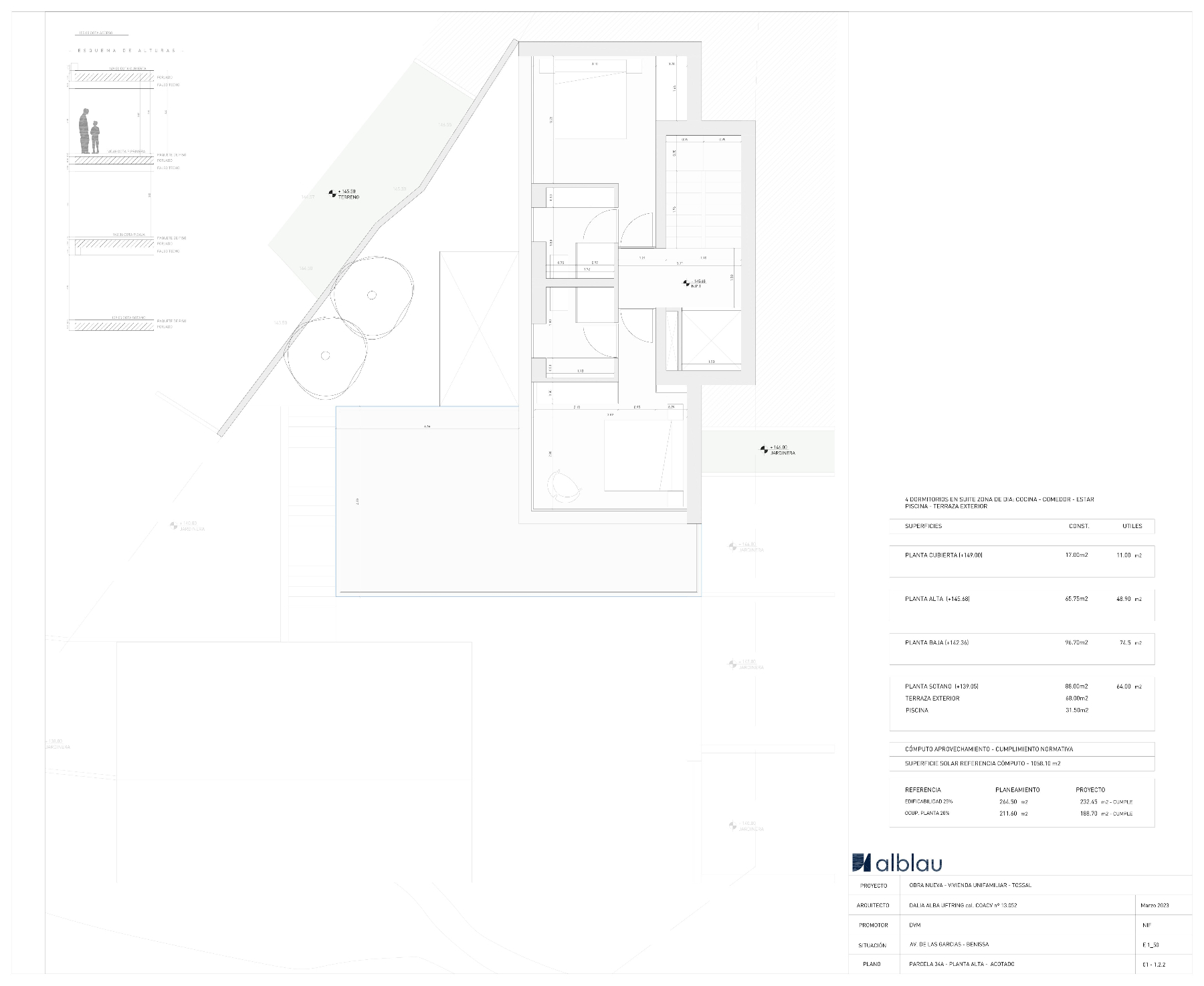 Architekturplan mit der Aufteilung der Villa, Gärten und Geländehöhen.