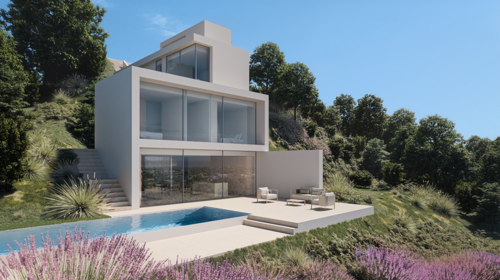 Außenansicht einer modernen Villa mit Infinity-Pool und Terrasse mit minimalistischen Möbeln an einem angelegten Hang.