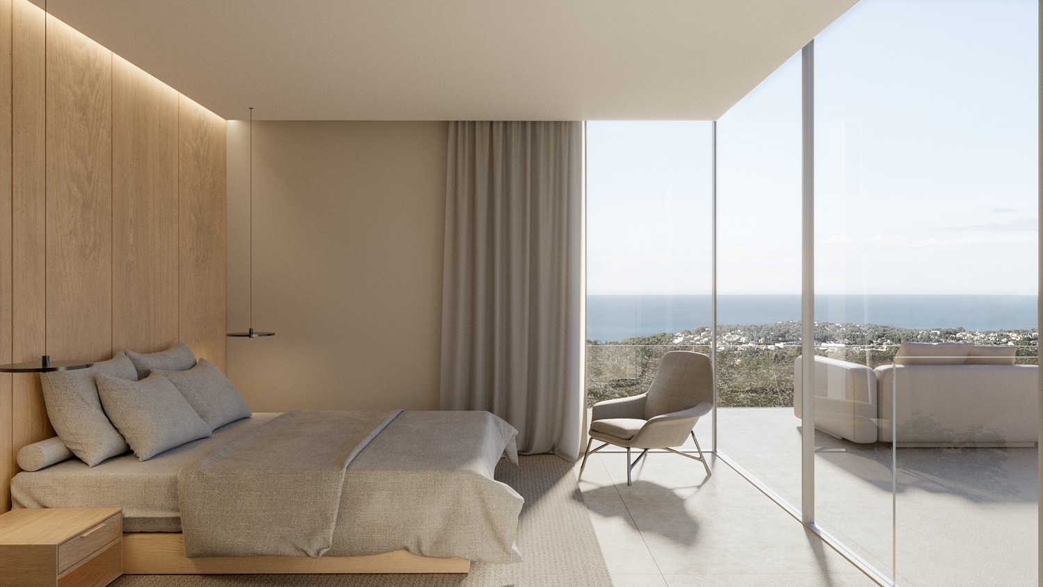 Hauptschlafzimmer mit heller Holzwand und Meerblick von der Terrasse.