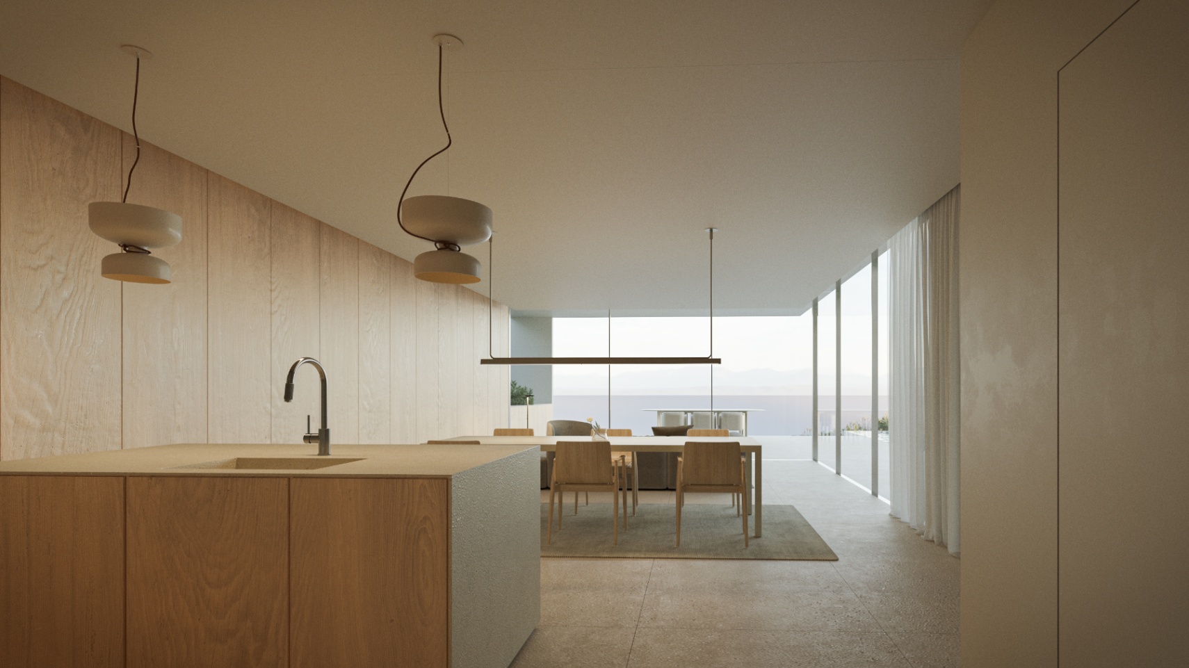 Designerküche mit Holzinsel in einem offenen Wohnbereich, ergänzt durch minimalistische Leuchten und bodentiefe Fenster mit Panoramameerblick.