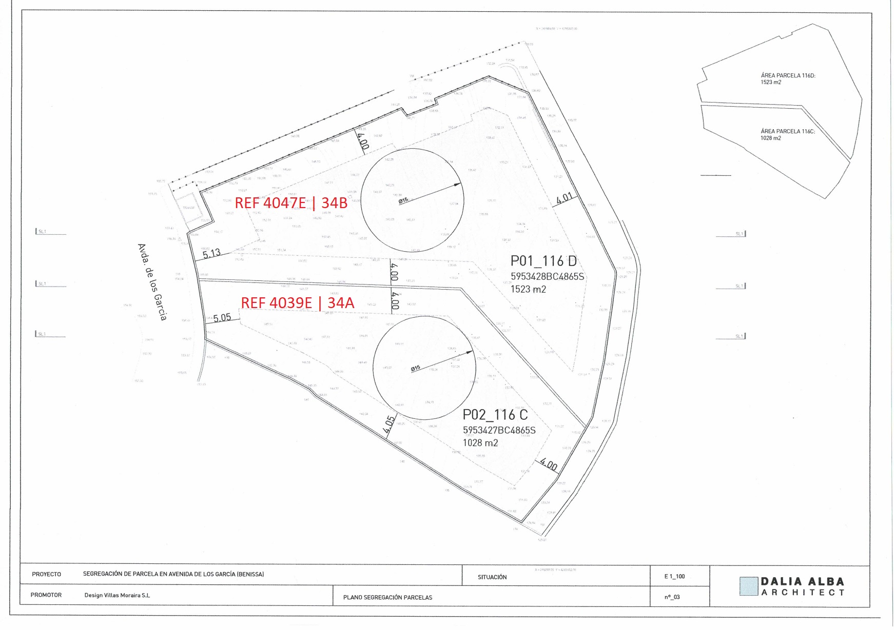 Technischer Aufteilungsplan an der Avenida de los García, der zwei Baugrundstücke von 1523 m² und 1028 m² mit detaillierten Grenzmaßen und Referenzen zeigt.
