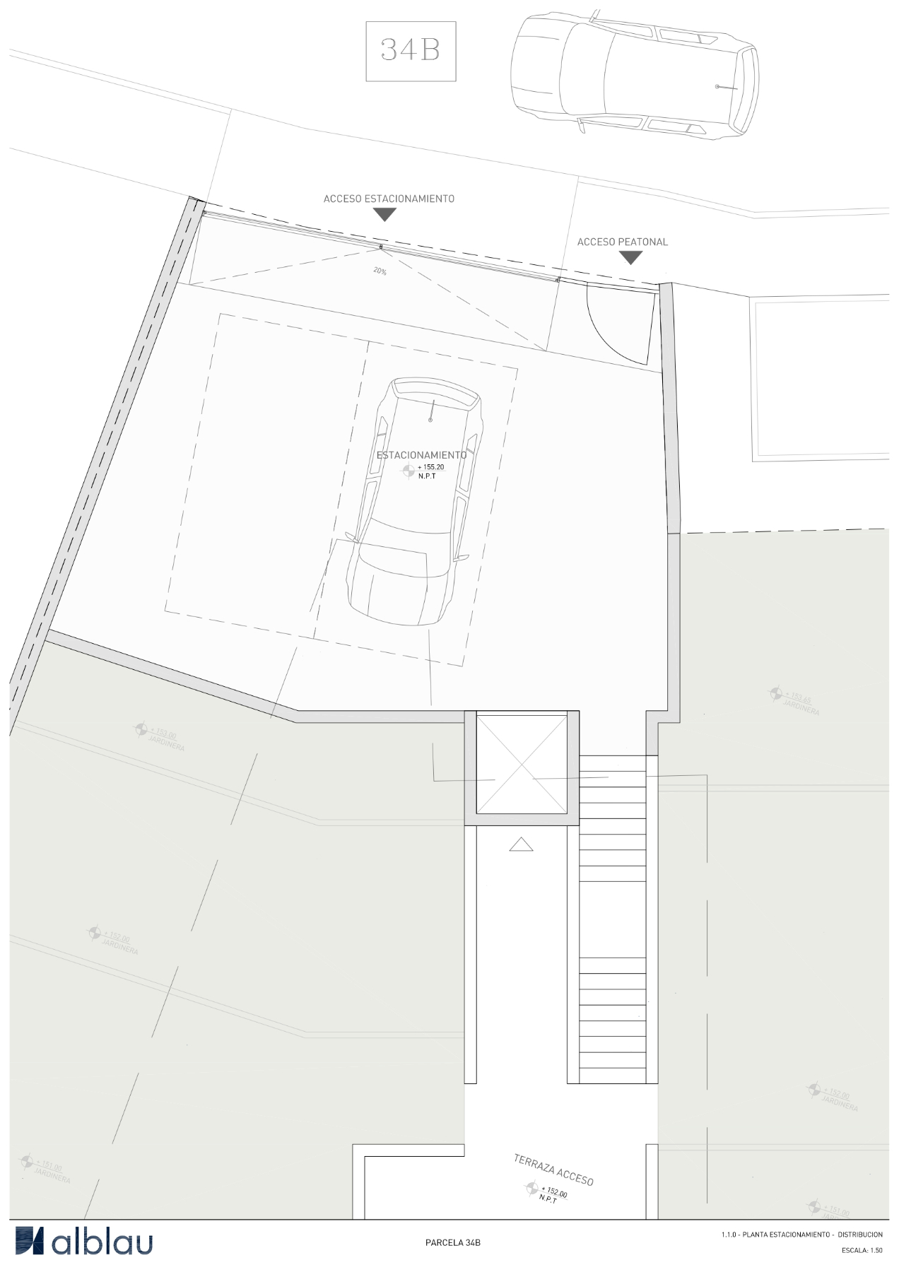 Technischer Grundriss der Parkebene mit Fahrzeug- und Fußgängerzugang, Stellplätzen für zwei Autos, Aufzugsschacht und Außentreppe zum Eingangsbereich.
