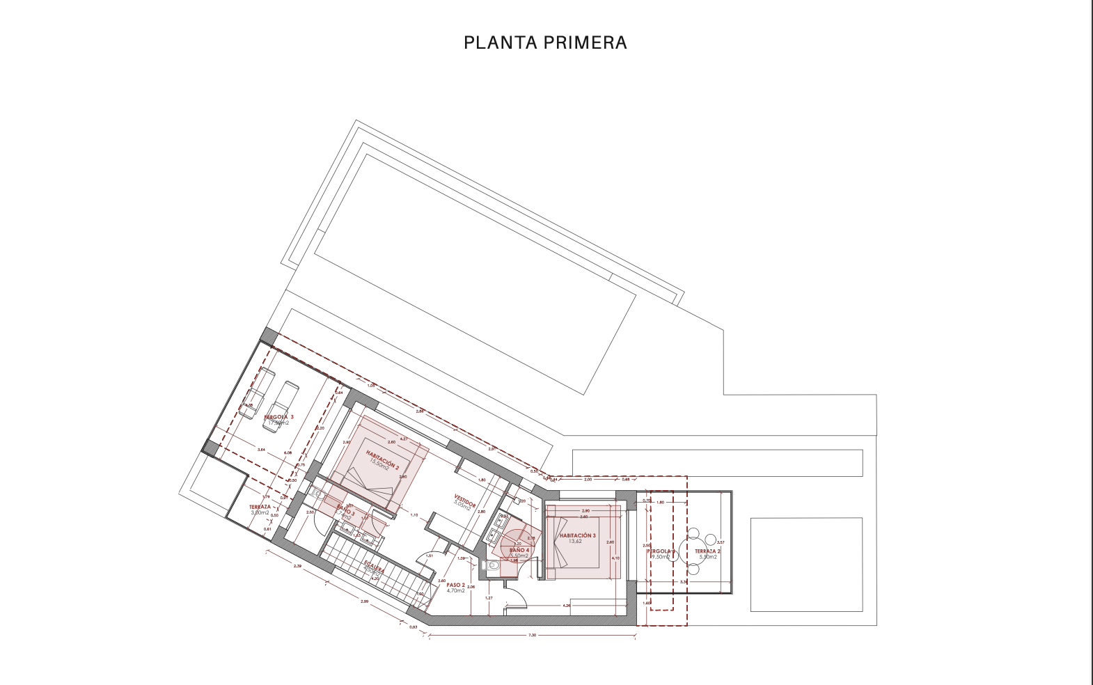 Architektonischer Grundriss des ersten Stocks mit Schlafzimmern, Bädern, Terrassen und Gesamtlayout.