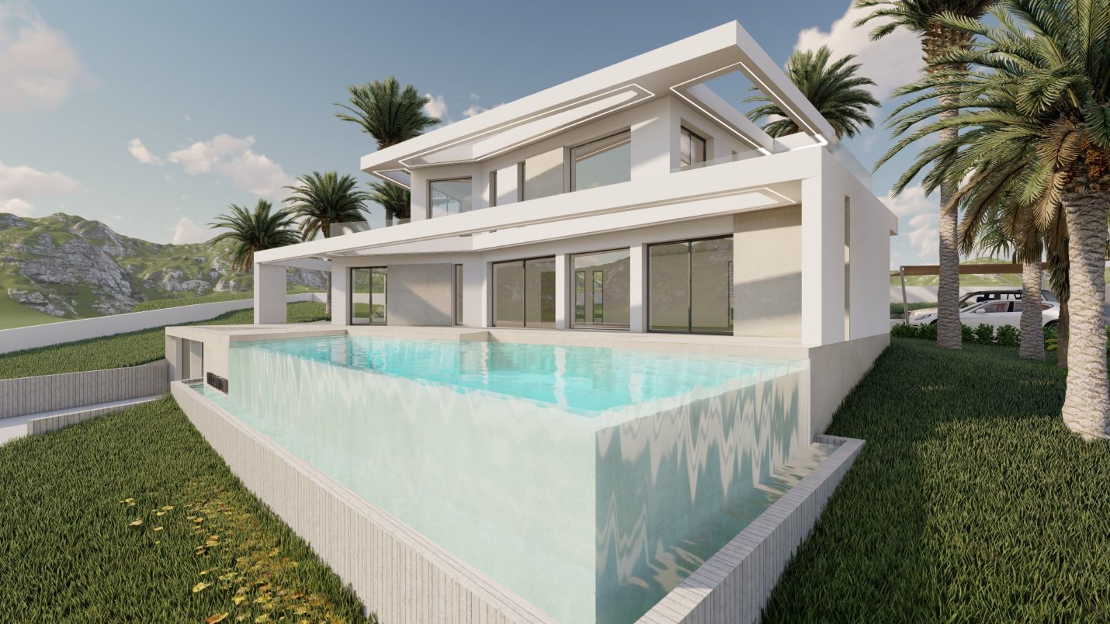 Außenansicht einer modernen Villa mit Infinity-Pool und minimalistischem Design, umgeben von Palmen und Grün.