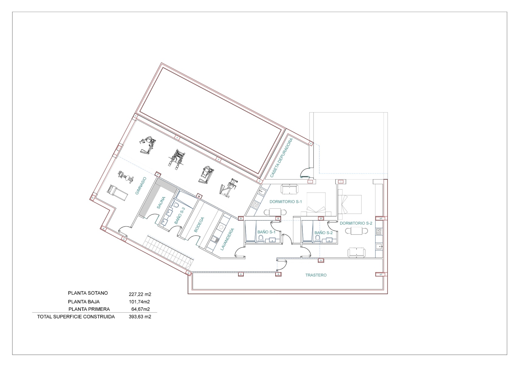Detaillierter Architekturgrundriss des Untergeschosses mit Fitnessraum, Sauna und Schlafzimmern.