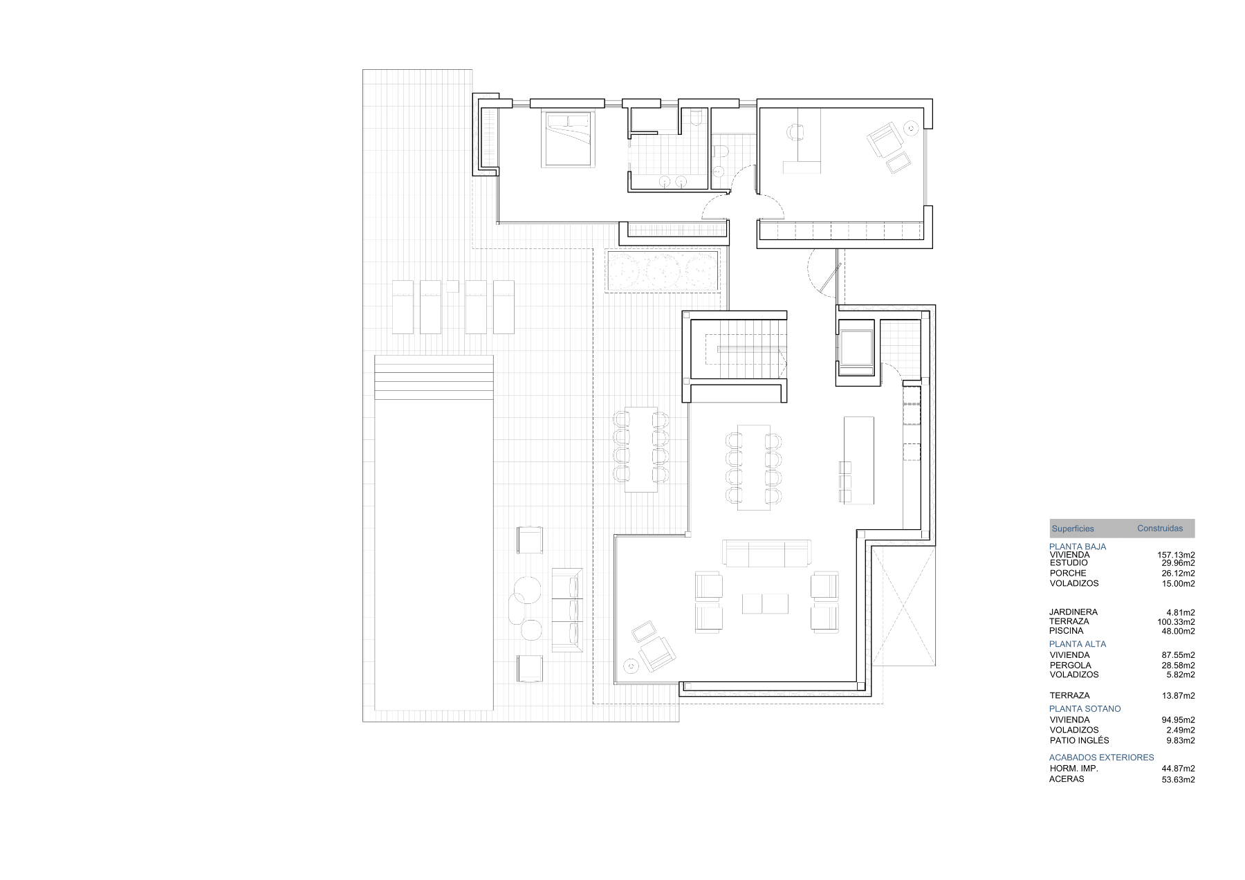 Technischer Grundriss des Erdgeschosses mit Wohn-Essbereich, Küche, Schlafzimmer und Außenanlage mit Pool sowie einer detaillierten Flächenaufstellung.