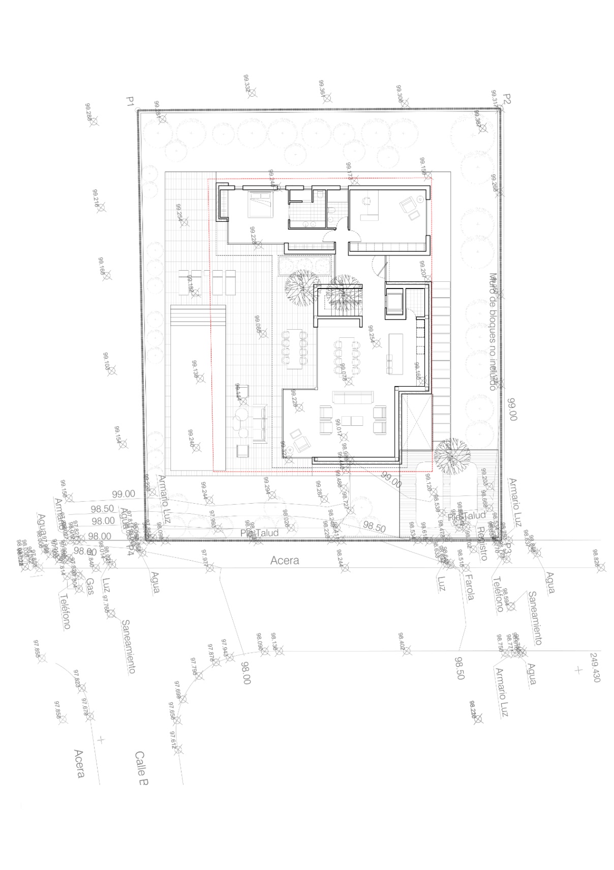 Technischer Lageplan mit Darstellung des Erdgeschossgrundrisses, der Außenanlagen mit Pool und der Versorgungsanschlüsse auf dem Grundstück.