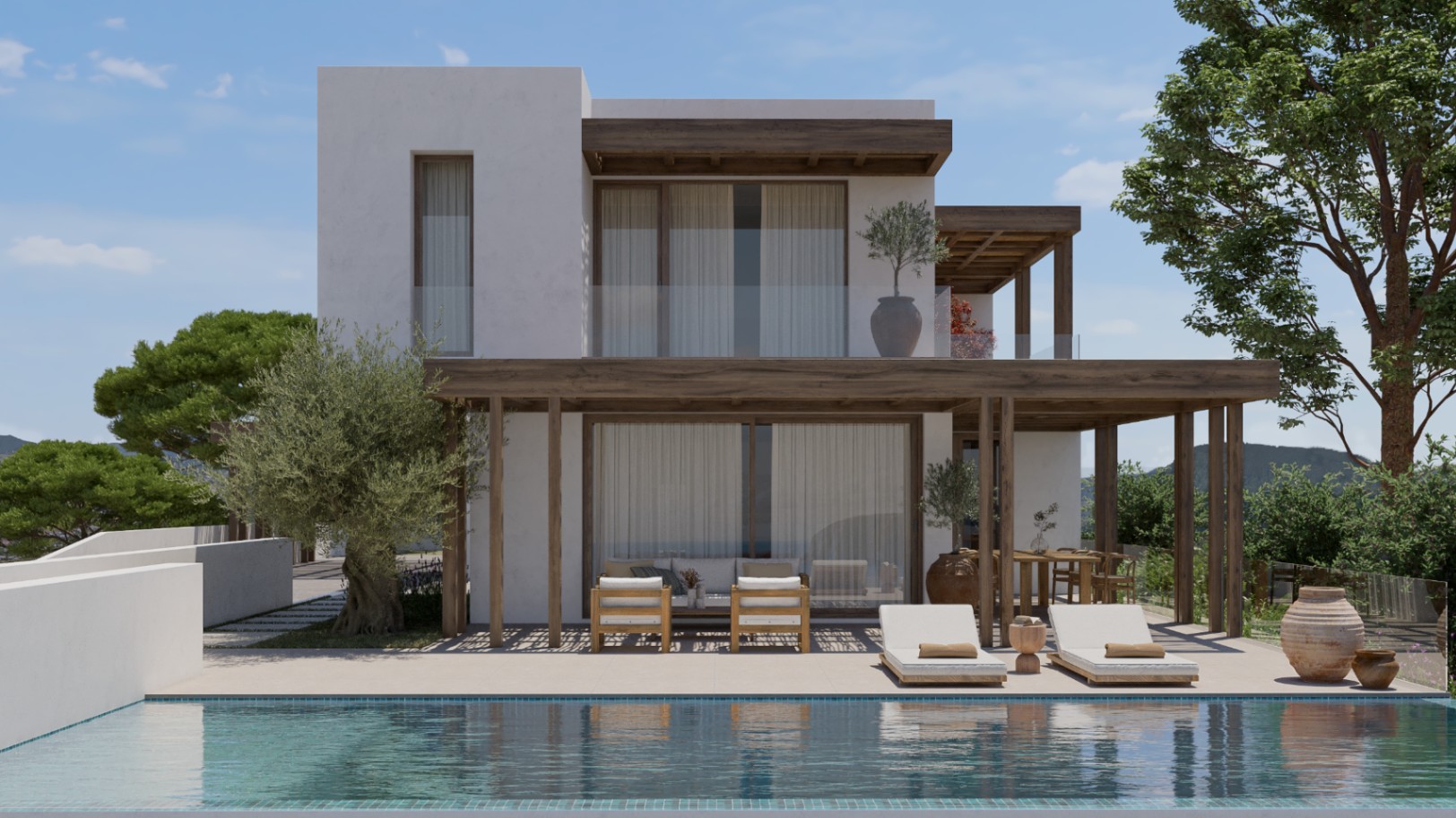 Außenansicht der Villa mit Pool, überdachten Terrassen mit Holzstruktur und mediterranem Garten.