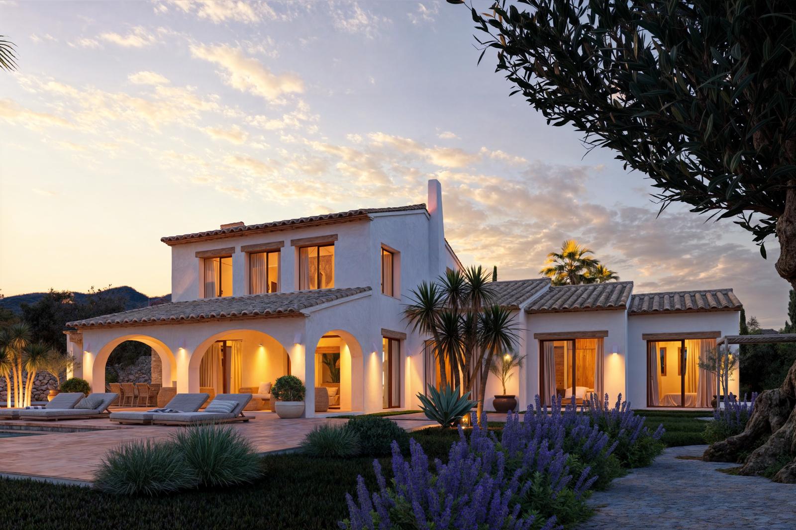 Außenansicht der mediterranen Villa bei Dämmerung mit weißer Fassade, traditionellen Rundbögen, Terrakotta-Terrasse und gepflegtem Garten mit Lavendel.