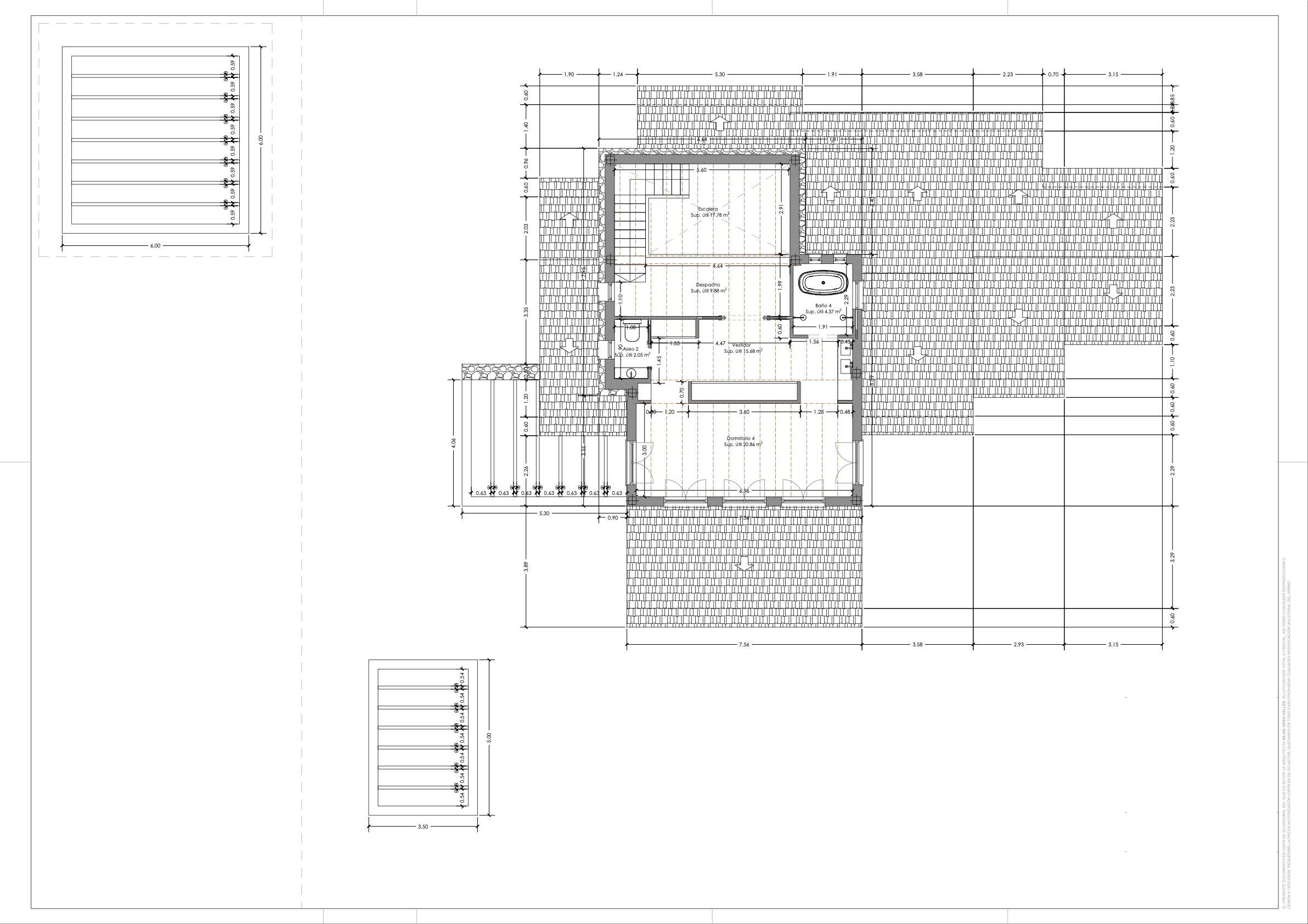 Detaillierter technischer Grundriss des Obergeschosses mit Darstellung von Schlafzimmer 4, Ankleidezimmer, En-Suite-Bad, Büro und Dachflächen.