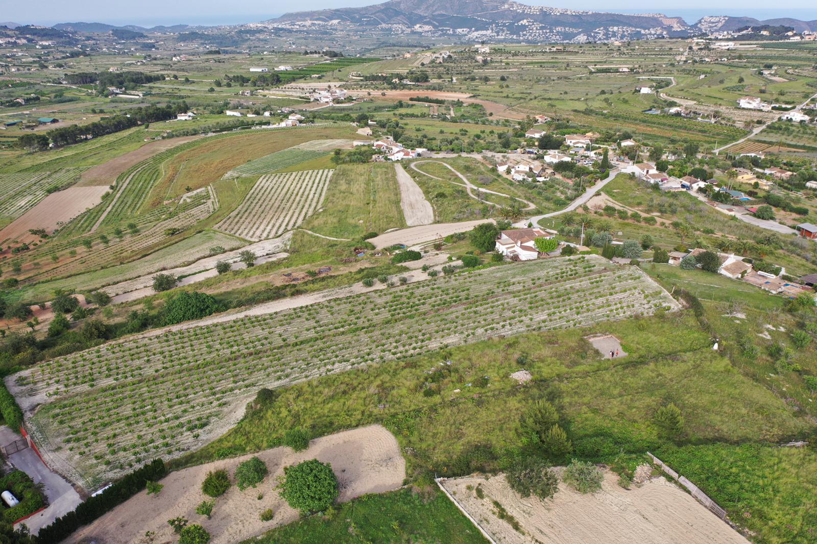 Luftaufnahme des weitläufigen Grundstücks mit Muskateller-Weinbergen, eingebettet in eine mediterrane Landschaft mit Panoramablick auf das Meer und die Berge.
