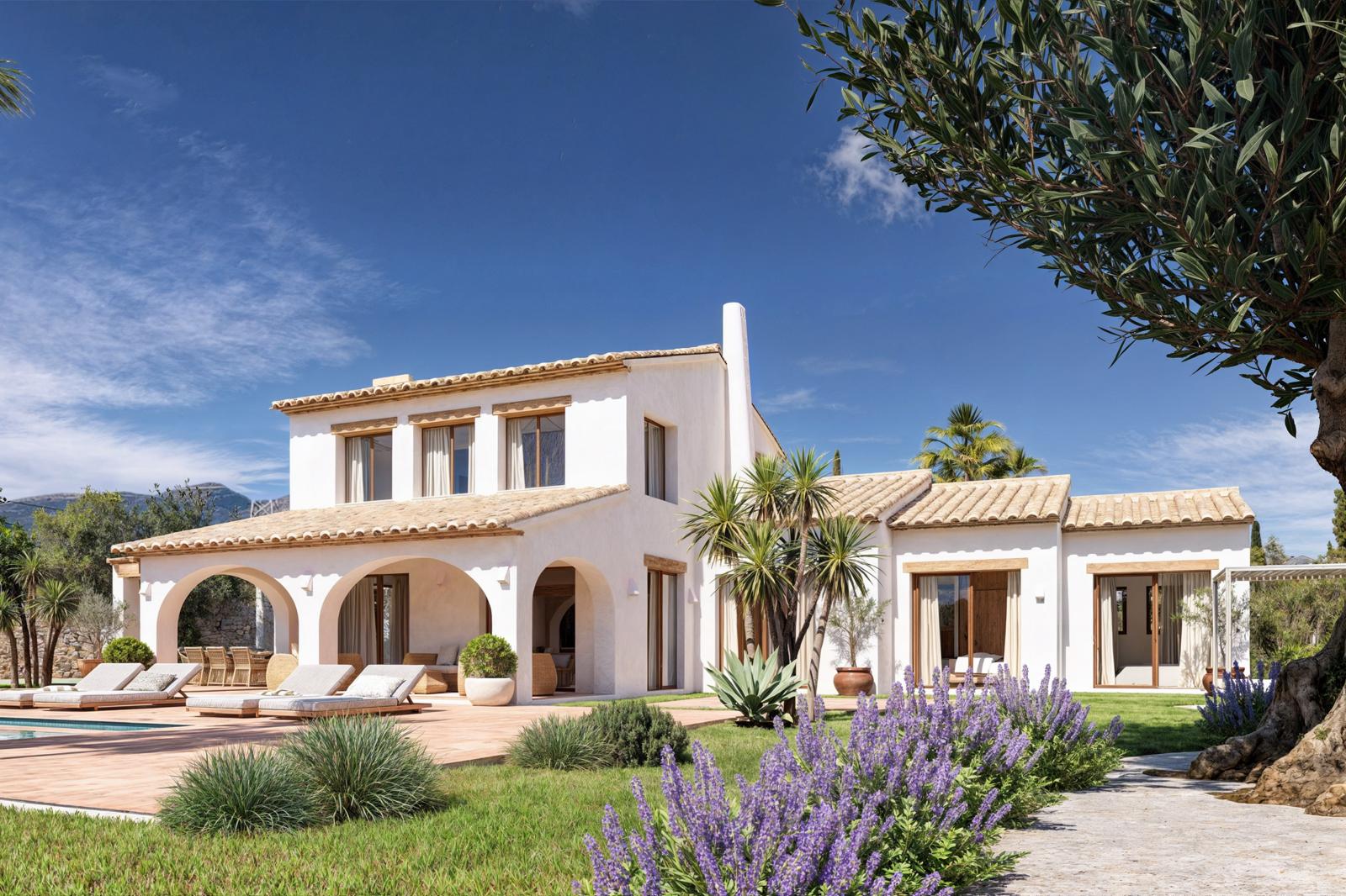 Mediterrane Außenansicht mit traditionellen Rundbögen, Lavendel- und Olivengärten sowie einer weitläufigen Terrakotta-Terrasse am Poolbereich.