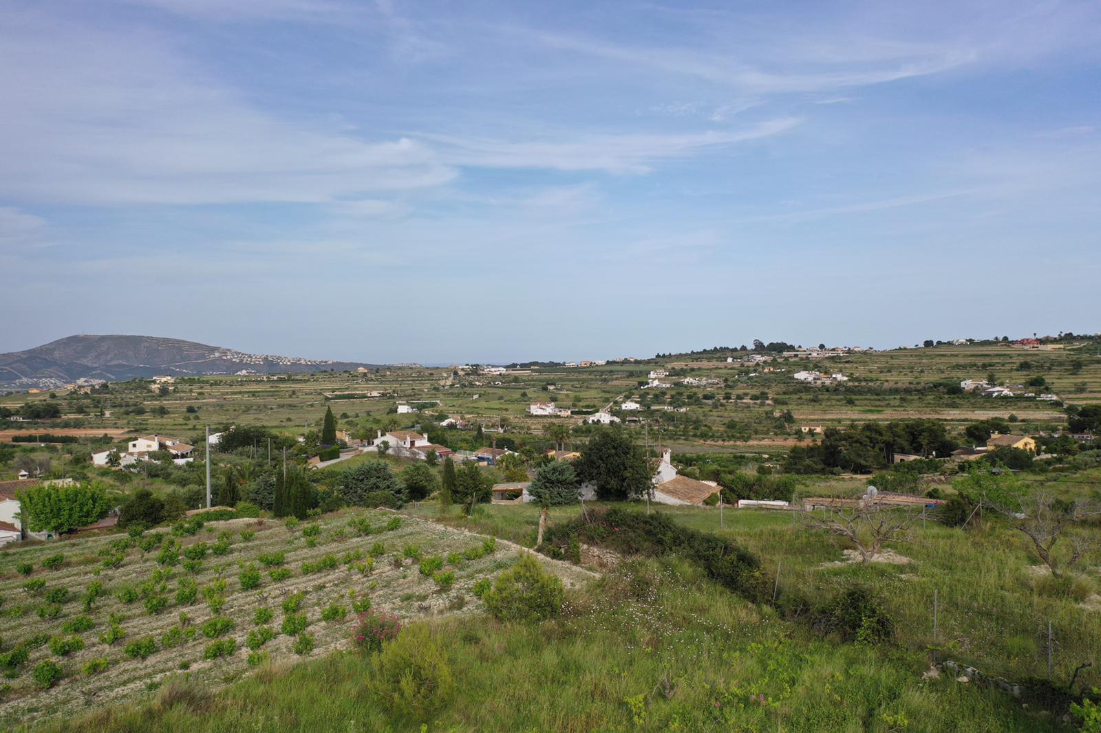 Panoramablick auf die Muskateller-Weinberge und die mediterrane Landschaft mit traditionellen Terrassenfeldern und Bergen am Horizont.