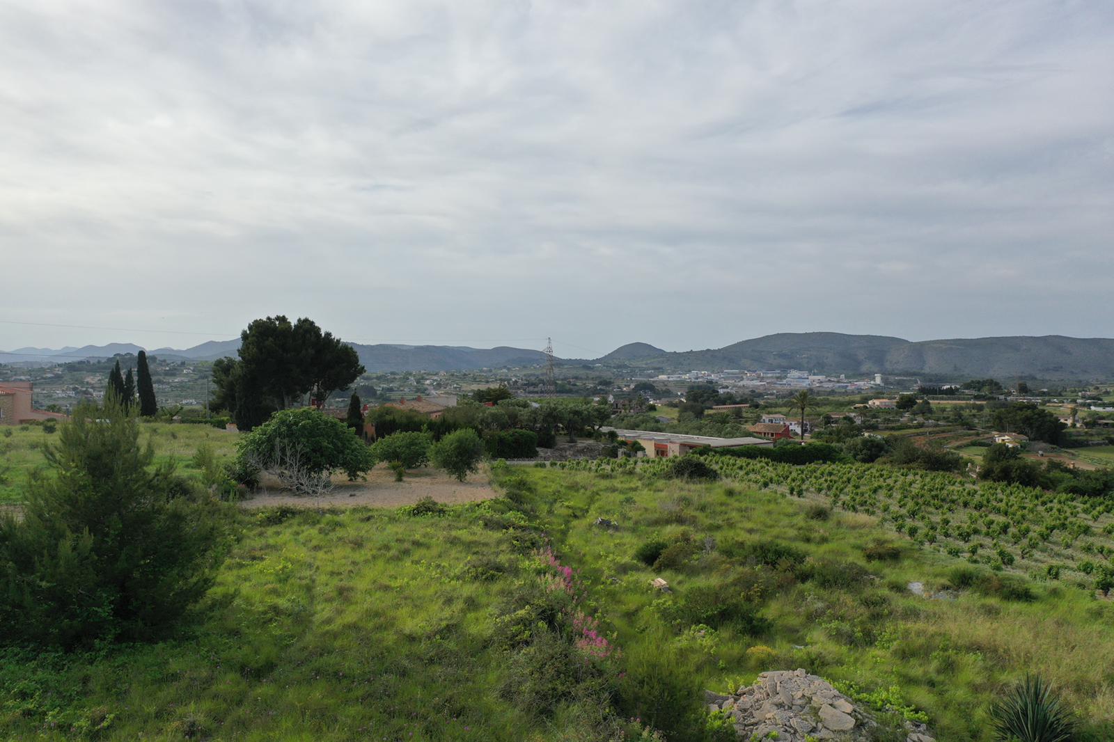 Panoramablick über das Anwesen mit Moscatel-Weinbergen, mediterraner Vegetation und weitem Blick auf die fernen Bergketten.