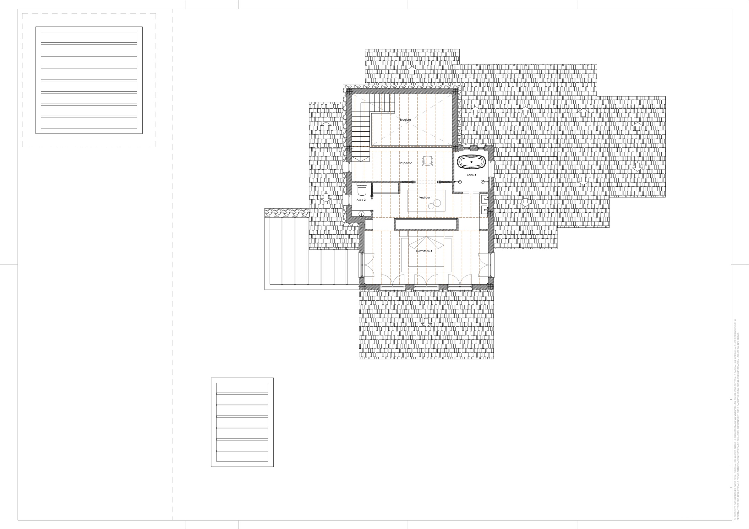 Technischer Grundriss des Obergeschosses mit Darstellung von Schlafzimmer 4, Ankleidezimmer, En-Suite-Bad, Arbeitszimmer und Treppenaufgang.