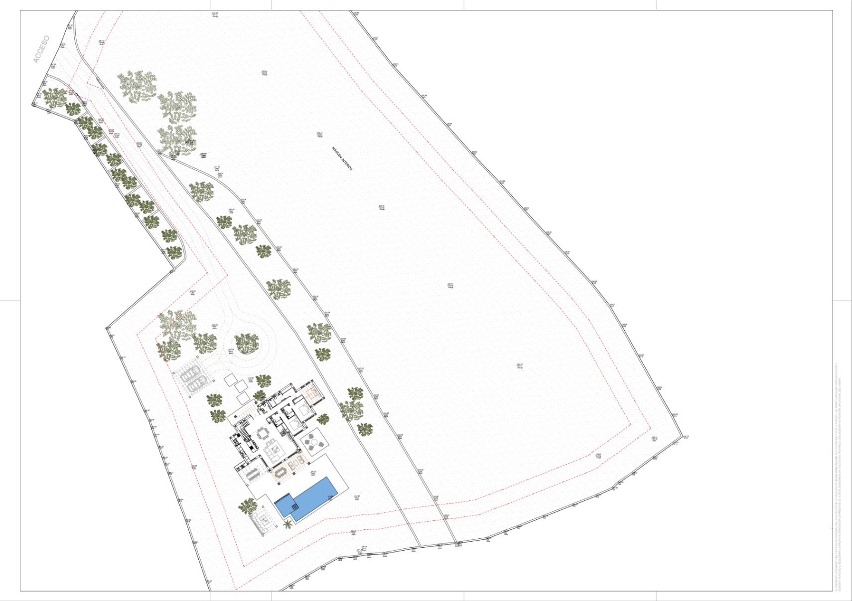 Technischer Lageplan mit Darstellung der Villa, des Pools und der Zufahrt auf dem weitläufigen Grundstück mit seinen traditionellen Weinanbauflächen.