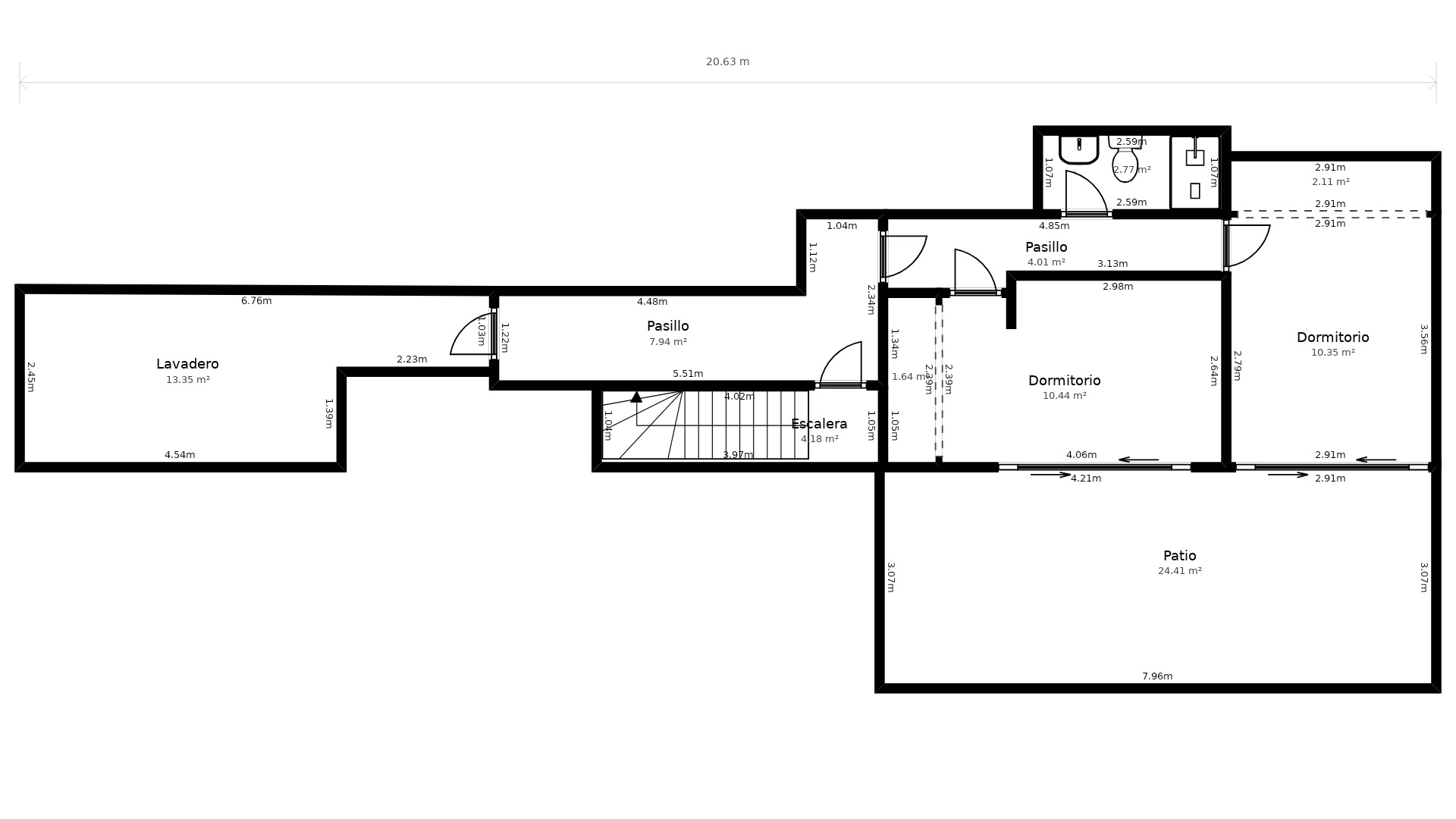 Detaillierter Grundriss mit Waschküche, zwei Schlafzimmern, Fluren, Treppenhaus und einer großzügigen 24,41 m² großen Außenterrasse.