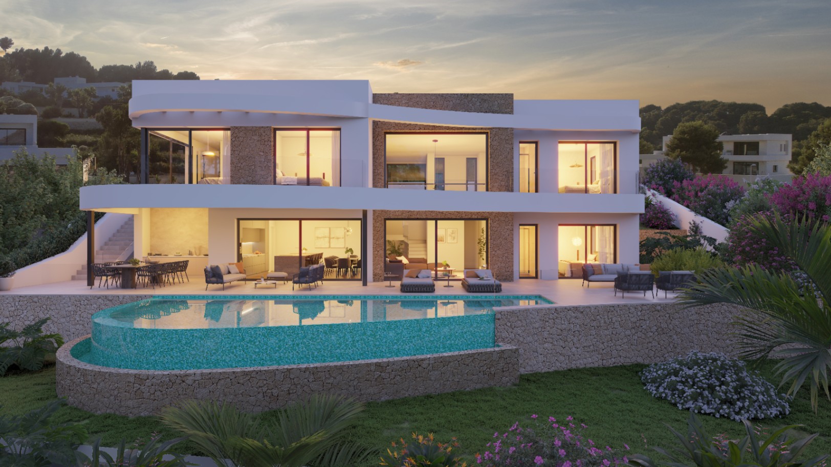 Außenansicht der modernen Villa mit Natursteinfassade, organisch geformtem Infinity-Pool und beleuchteten Terrassen in der Abenddämmerung.