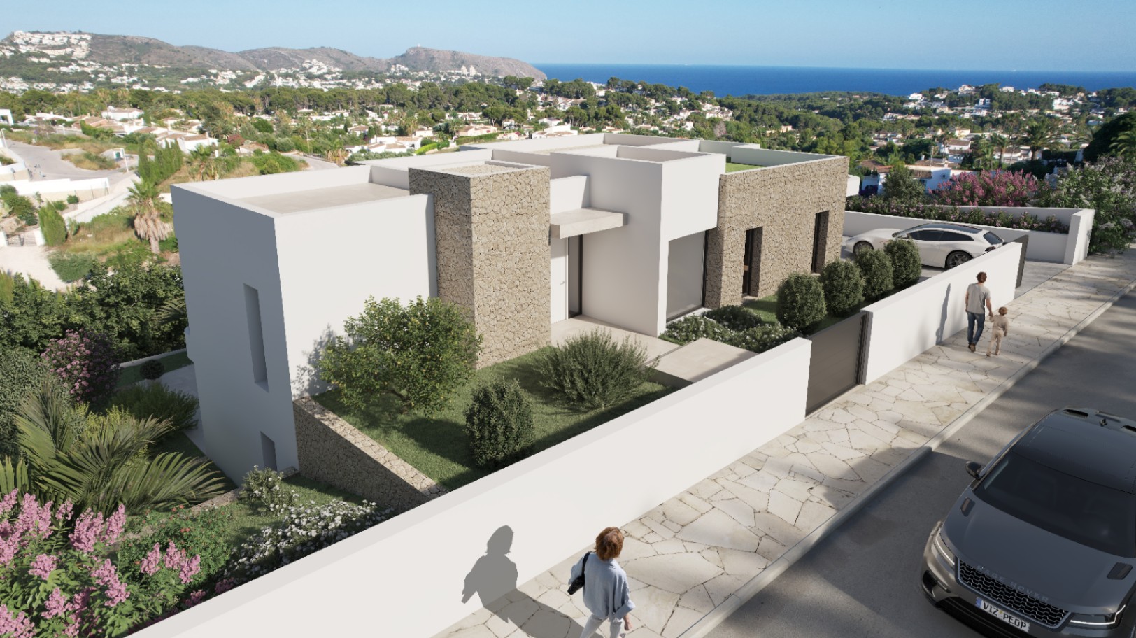 Außenansicht der Villa mit Natursteinverkleidung, weißen Fassaden, privatem Parkplatz und Panoramablick auf das Mittelmeer von der erhöhten Lage aus.
