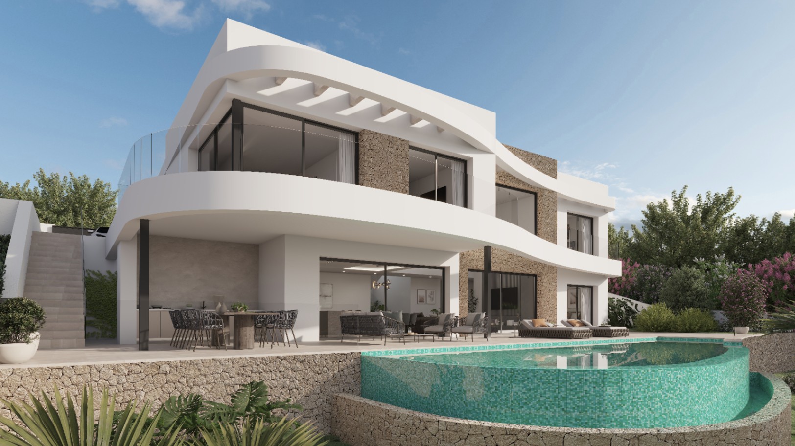Moderne Villenfassade mit geschwungenen Linien, Natursteinakzenten und einem organisch geformten Pool auf einer großzügigen Terrasse mit Loungebereich.