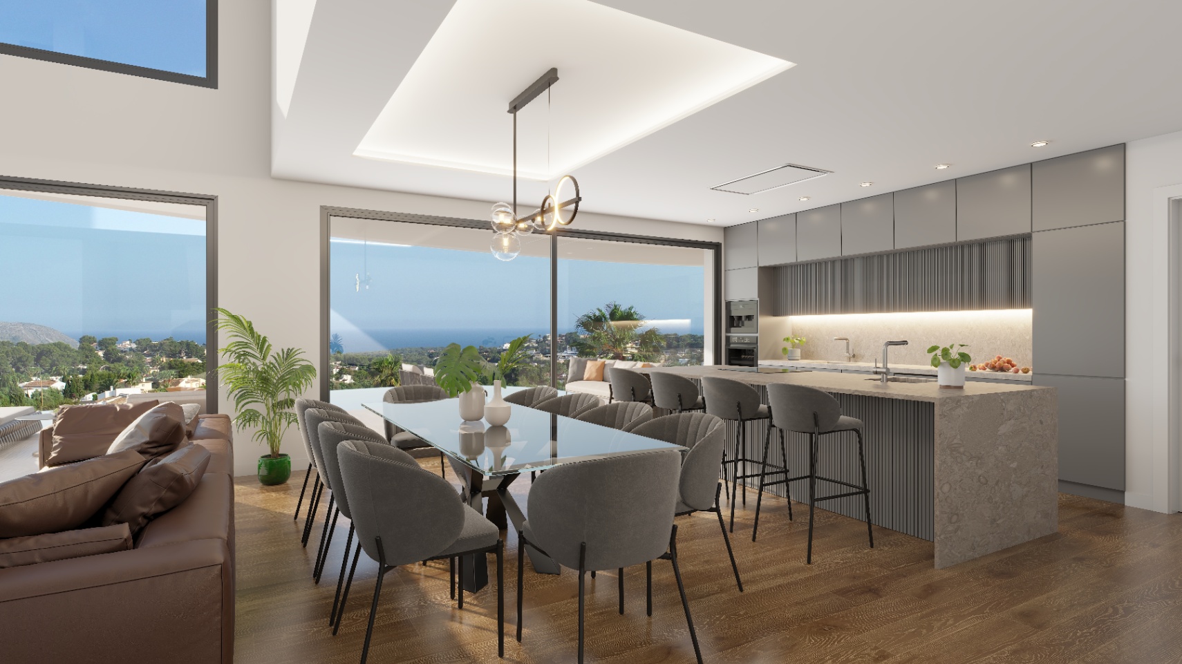 Offener Wohnbereich mit Glastisch und moderner Küche mit Kochinsel. Bodentiefe Fenster bieten einen weiten Blick auf das Meer und die Küstenlandschaft.