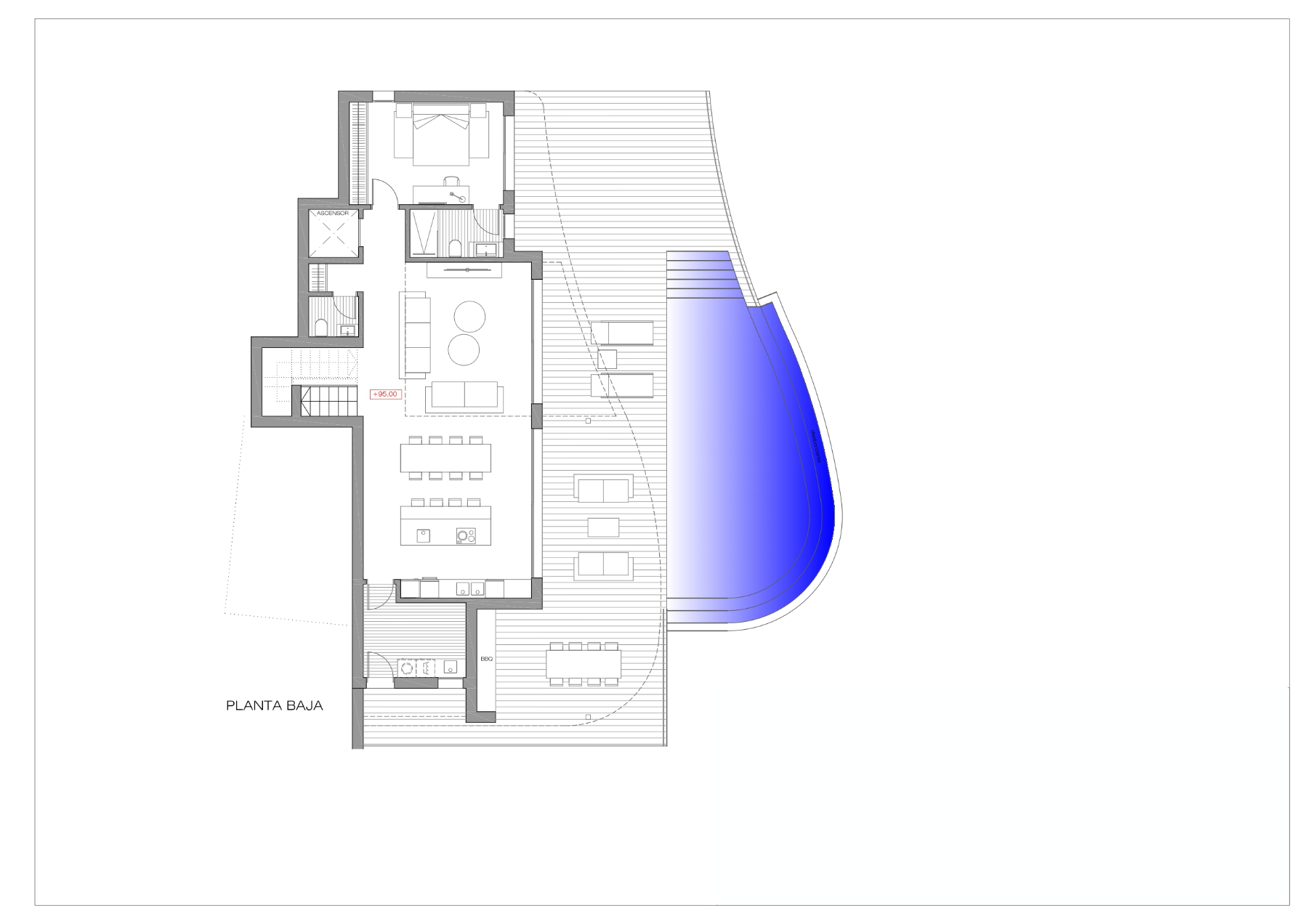 Technischer Grundriss des Erdgeschosses mit offenem Wohnbereich, Küche mit Insel, Schlafzimmer mit Bad en Suite und großzügiger Terrasse mit organisch geformtem Pool.