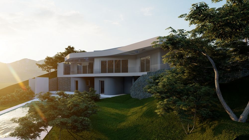 Außenansicht der modernen Villa mit geschwungenen Dachlinien, Natursteinmauern und großen Glasfronten auf einem terrassierten Grundstück mit altem Baumbestand.
