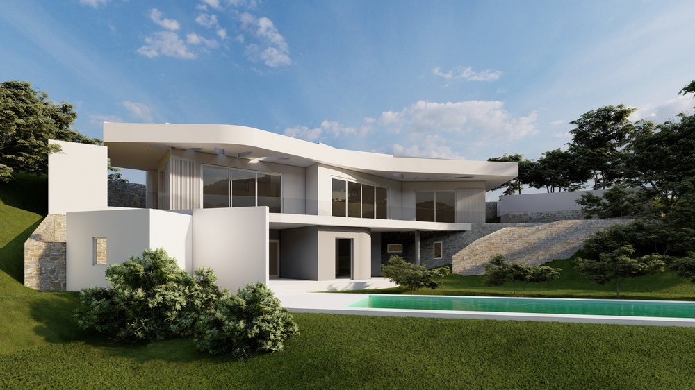 Außenansicht der modernen Villa mit weißen Fassaden, geschwungenen Dachlinien und großen Glasfronten. Der Außenbereich bietet einen Pool und terrassierte Gärten mit Natursteinmauern.
