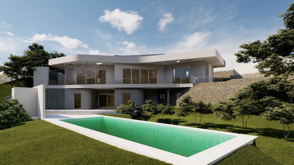 Außenansicht der Villa mit weißer Fassade, Natursteinmauern und rechteckigem Pool in einem Garten mit Rasen und einheimischen Pflanzen.