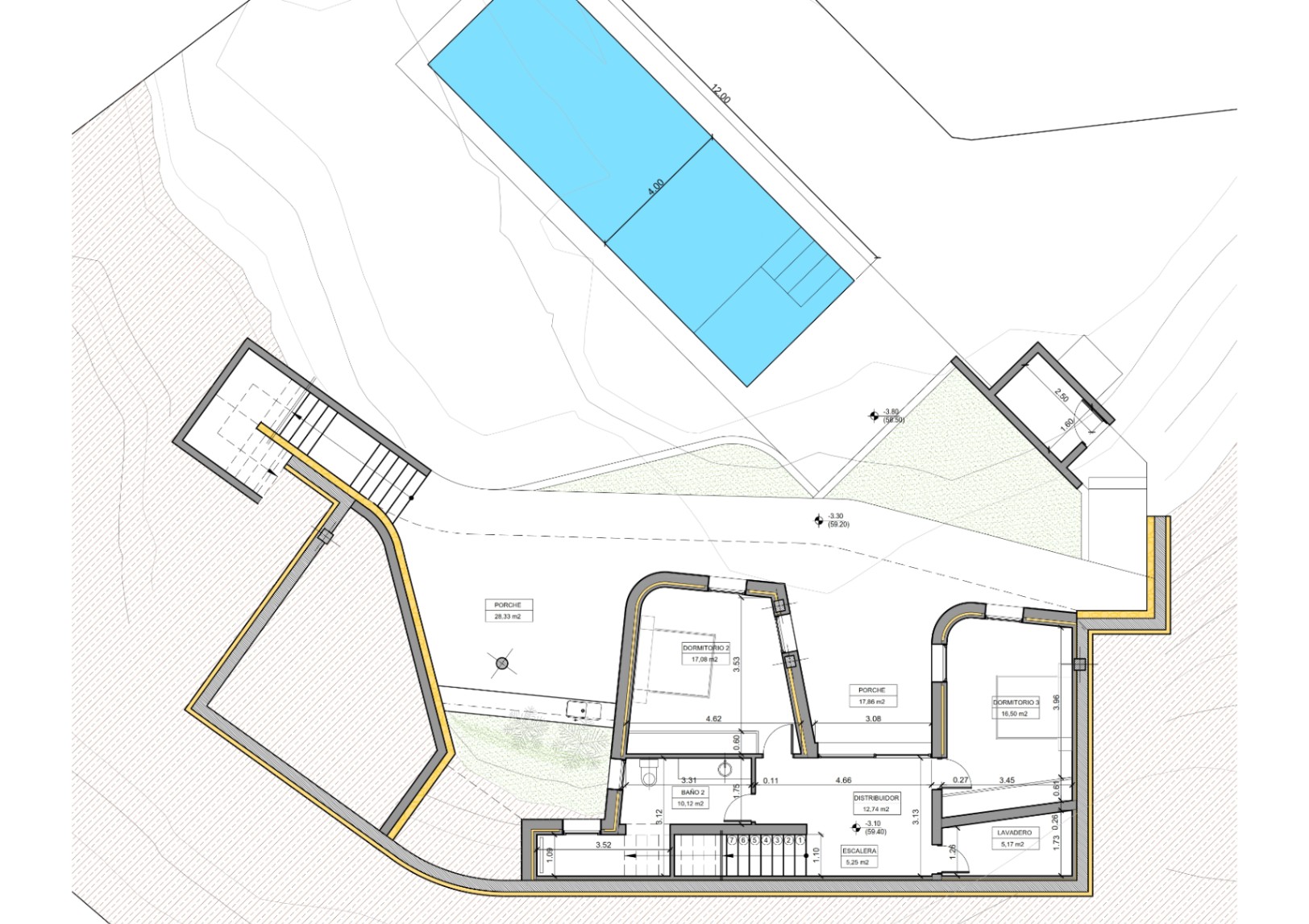 Technischer Grundriss des Untergeschosses mit zwei Schlafzimmern, Badezimmer, Waschküche und überdachten Veranden am 12x4 Meter großen Pool.