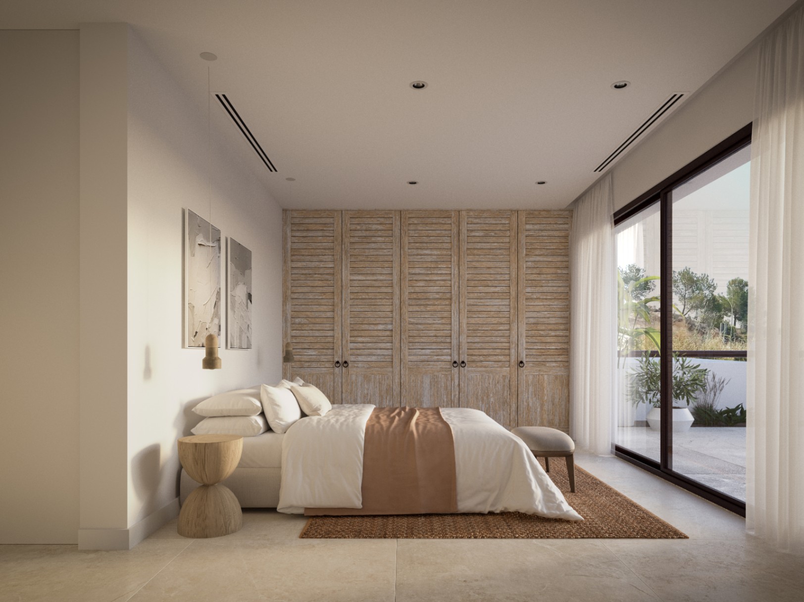Hauptschlafzimmer mit raumhohen Einbauschränken aus Holzlamellen, Natursteinboden und großen Glasschiebetüren mit Zugang zur Terrasse.