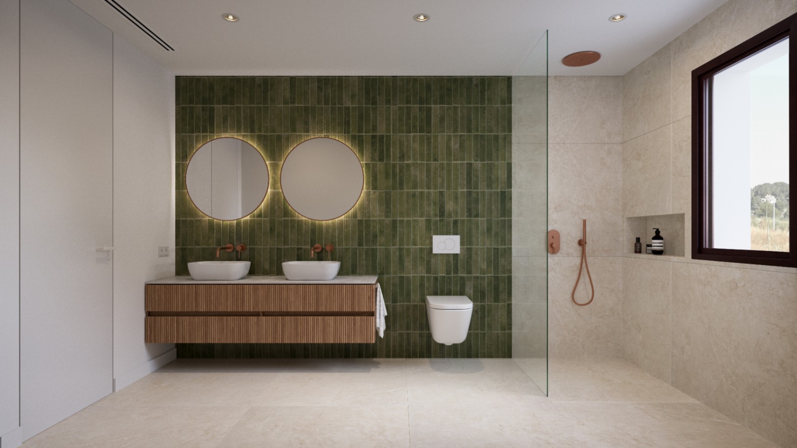 Modernes Badezimmer mit grüner Akzentwand, Doppelwaschtisch auf Holzunterschrank und begehbarer Dusche mit kupferfarbenen Armaturen und Glastrennwand.