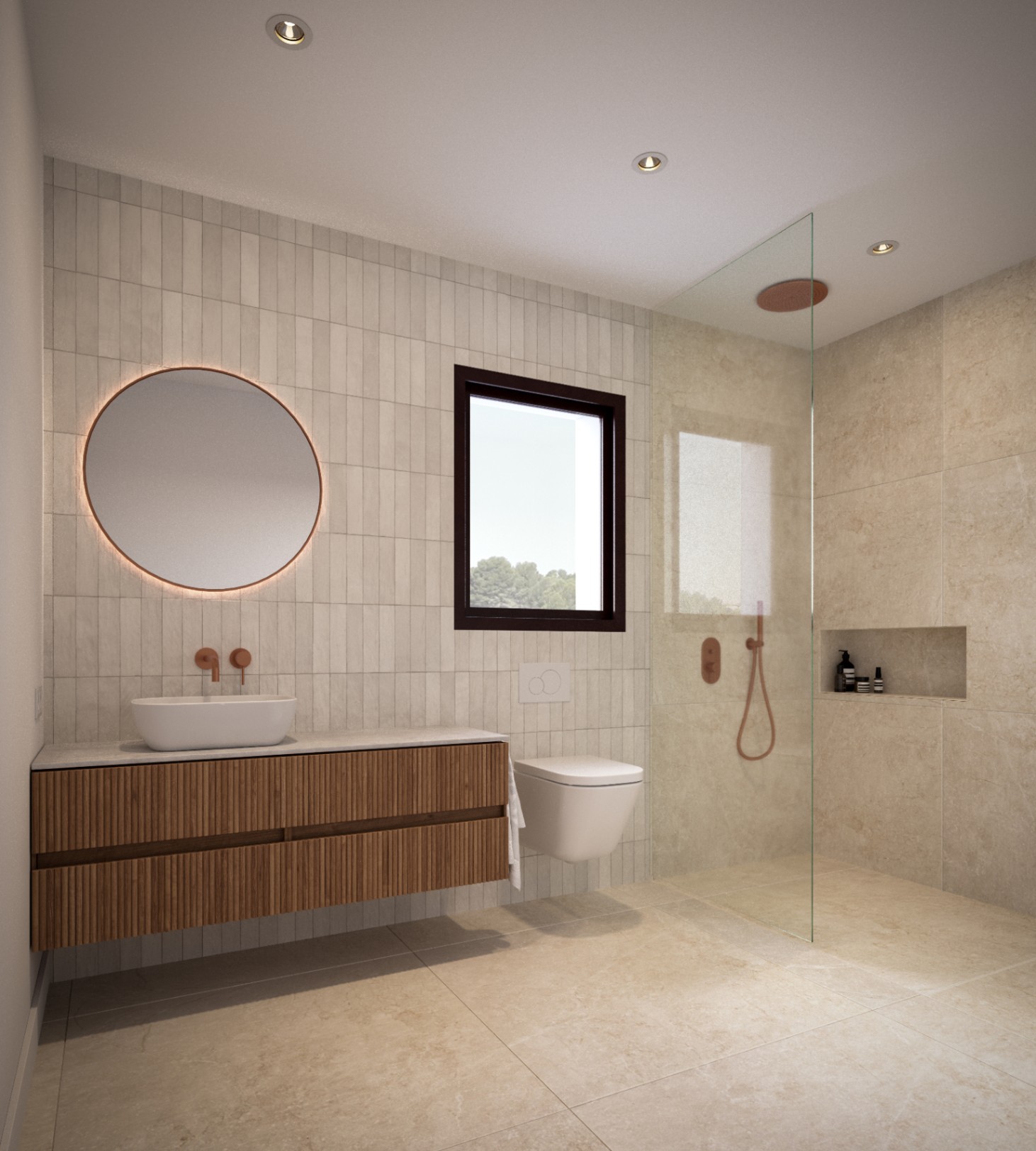 Modernes Badezimmer mit schwebendem Waschtisch aus Holzlamellen, Kupferarmaturen und hinterleuchtetem Rundspiegel. Begehbare Dusche mit Glastrennwand und Natursteinfliesen.