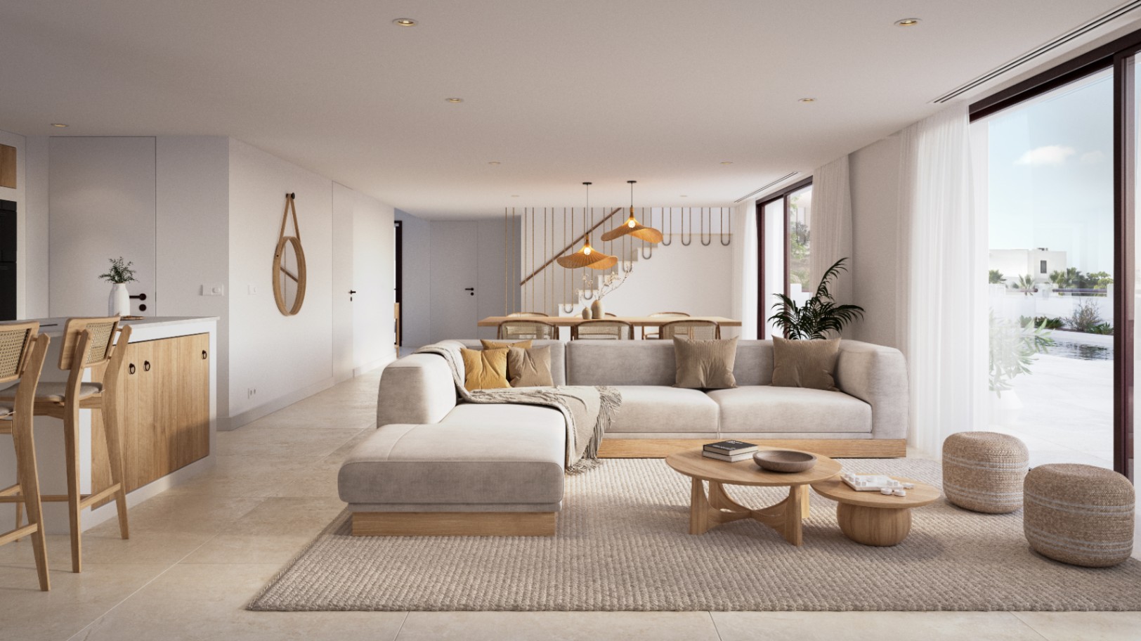 Offener Wohnbereich mit Naturholzmöbeln, Modulsofa und direktem Terrassenzugang. Die Küche und der Essbereich sind harmonisch integriert und verfügen über warme Einbaustrahler.