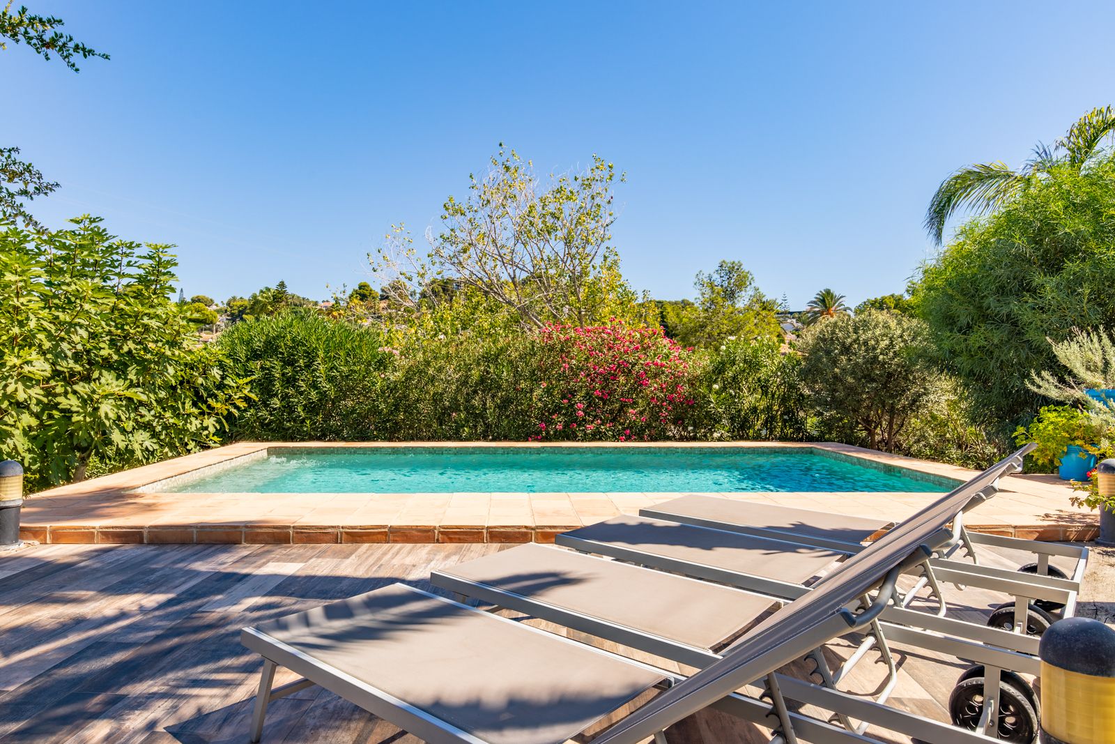 Privater Poolbereich mit Terrasse in Holzoptik, modernen Sonnenliegen und üppiger mediterraner Bepflanzung für eine natürliche Atmosphäre.