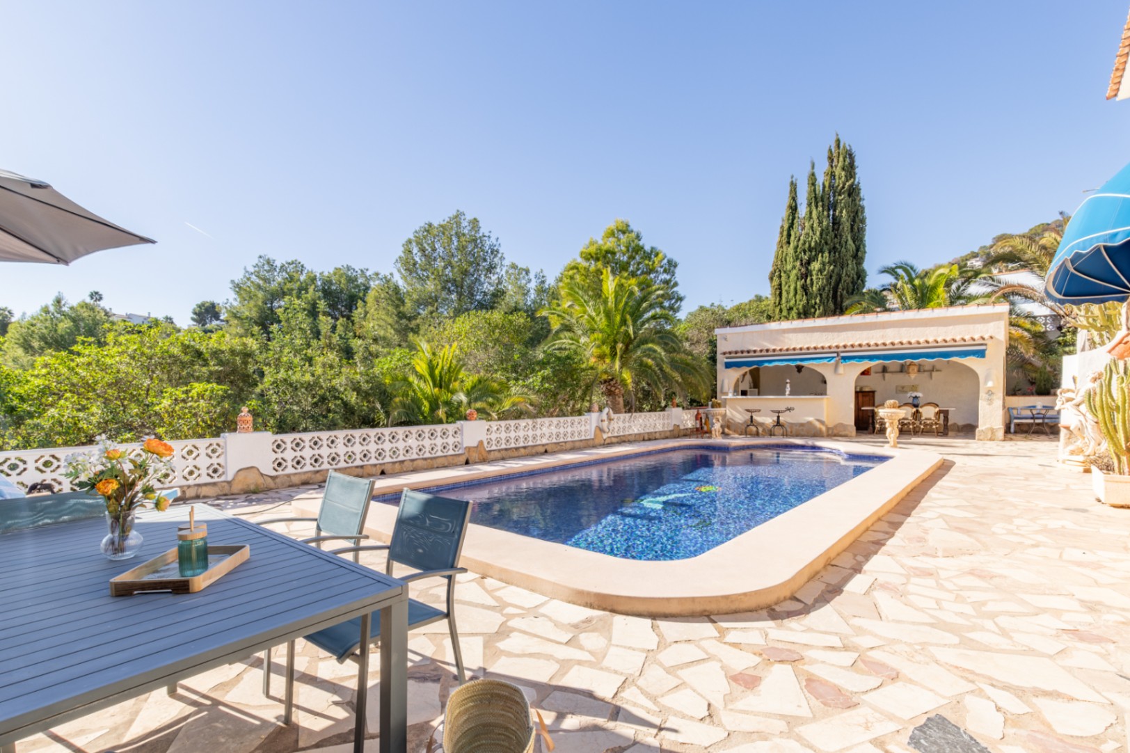 Außenbereich mit 42 m² großem Pool, Natursteinterrasse und überdachter Sommerküche, umgeben von altem Baumbestand und Blick ins Grüne.
