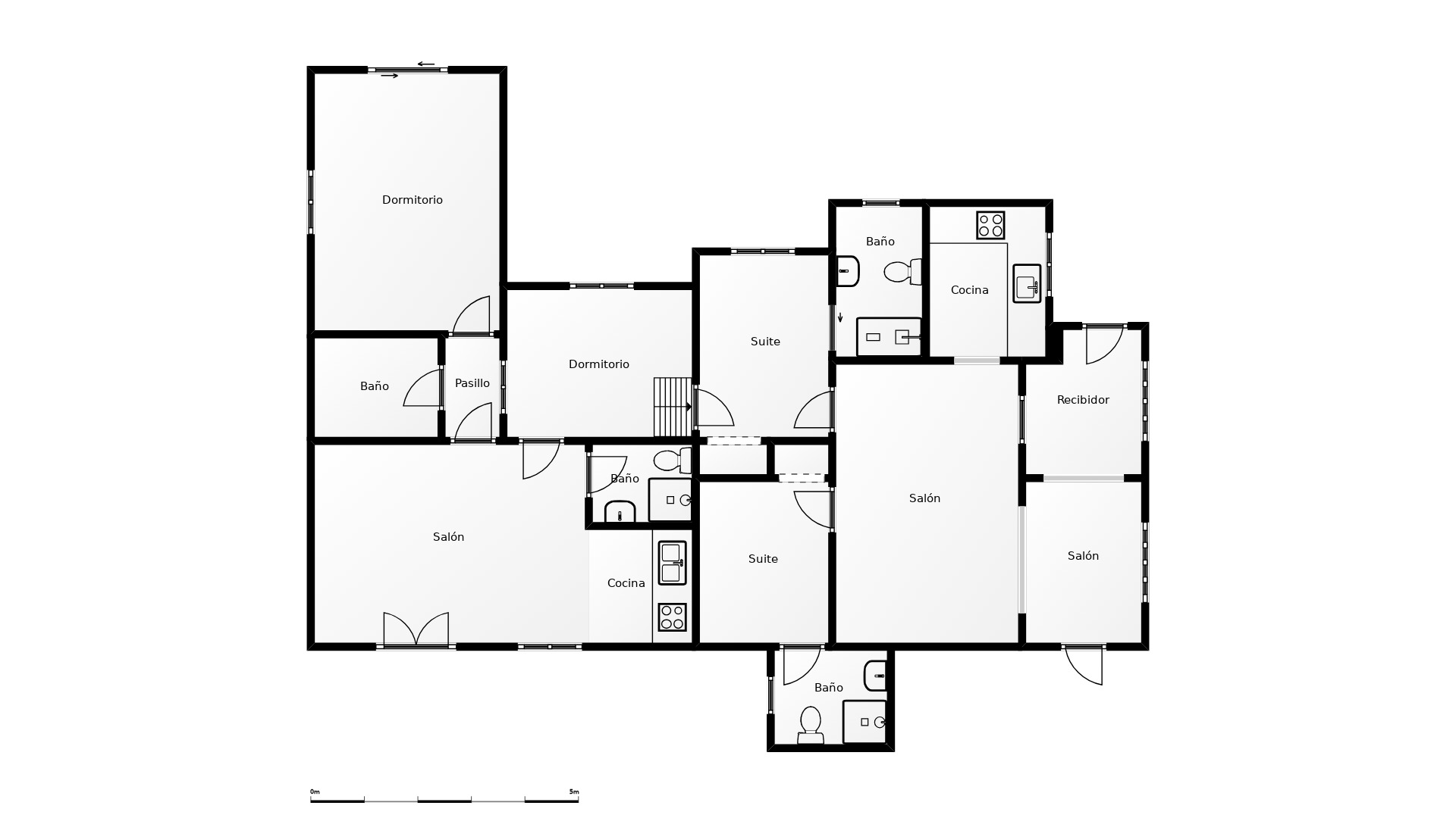 Detaillierter Grundriss der Villa, der die Aufteilung der vier Schlafzimmer, Wohnbereiche, Küchen und Badezimmer einschließlich des Gästeapartments zeigt.