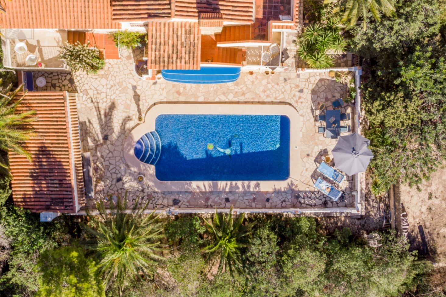 Luftaufnahme der großzügigen Natursteinterrasse mit 42 m² Pool, Essbereich im Freien und Liegefläche, umgeben von mediterraner Bepflanzung.