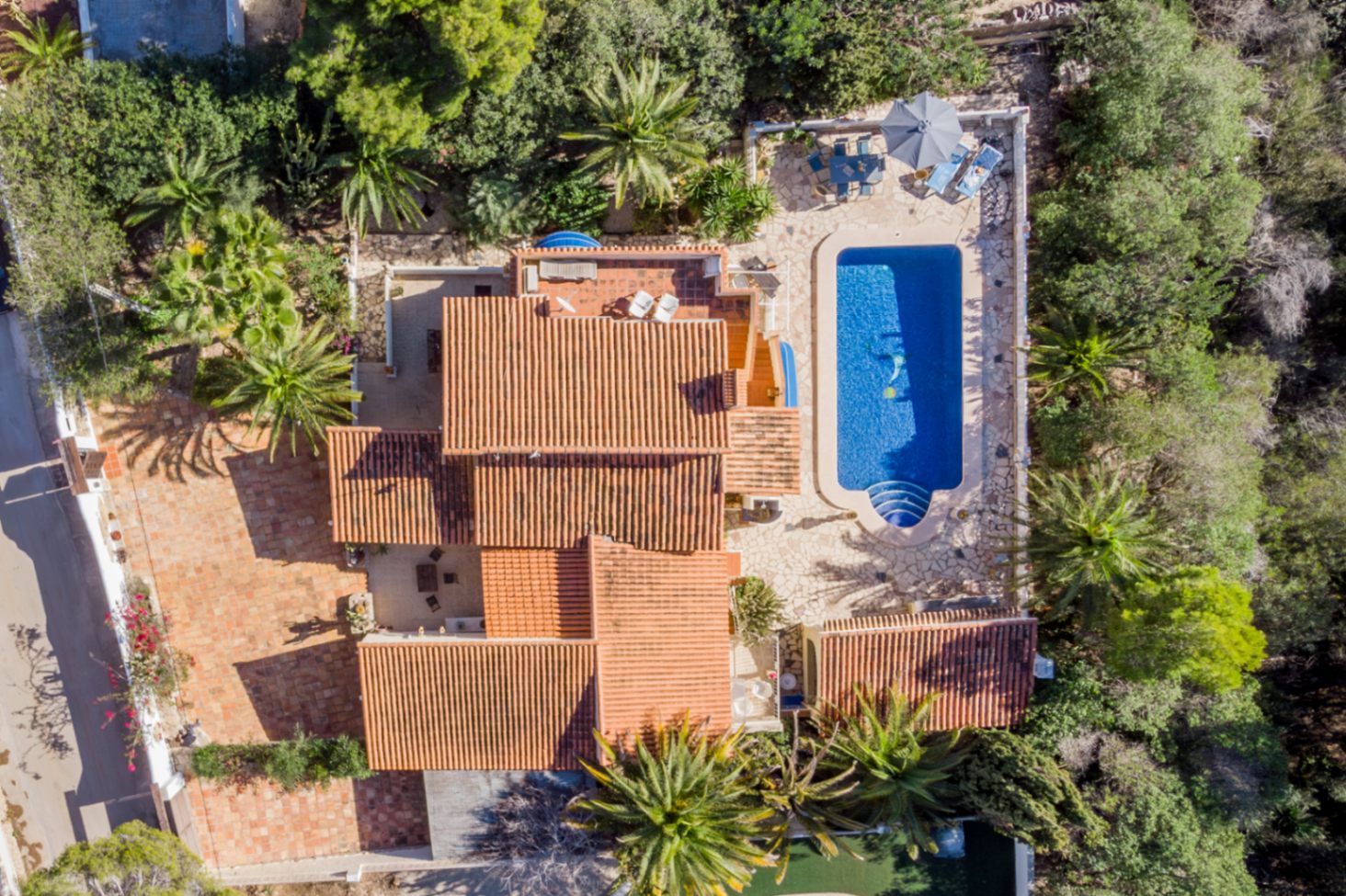 Luftaufnahme des 1.000 m² großen Grundstücks mit dem 42 m² großen Pool, den Terracotta-Dächern und den von Palmen umgebenen Natursteinterrassen.