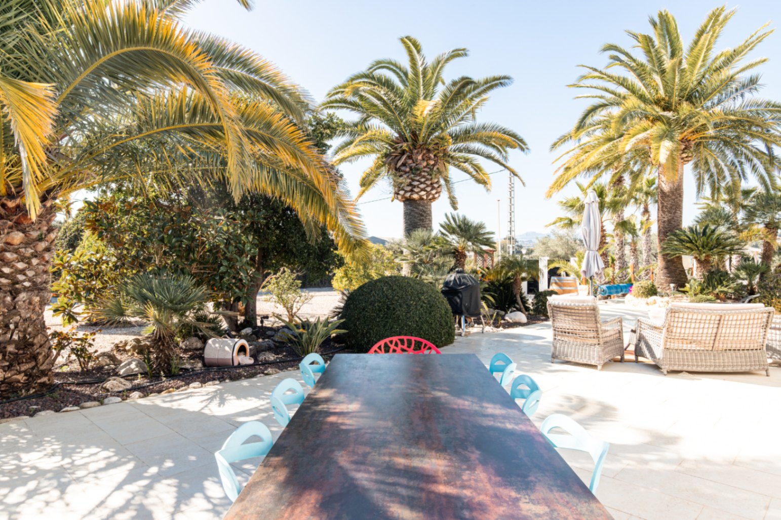 Außen-Terrasse mit großem Esstisch und modernen Stühlen, umgeben von ausgewachsenen Palmen und einem Loungebereich mit Rattansofas in einem gepflegten mediterranen Garten.
