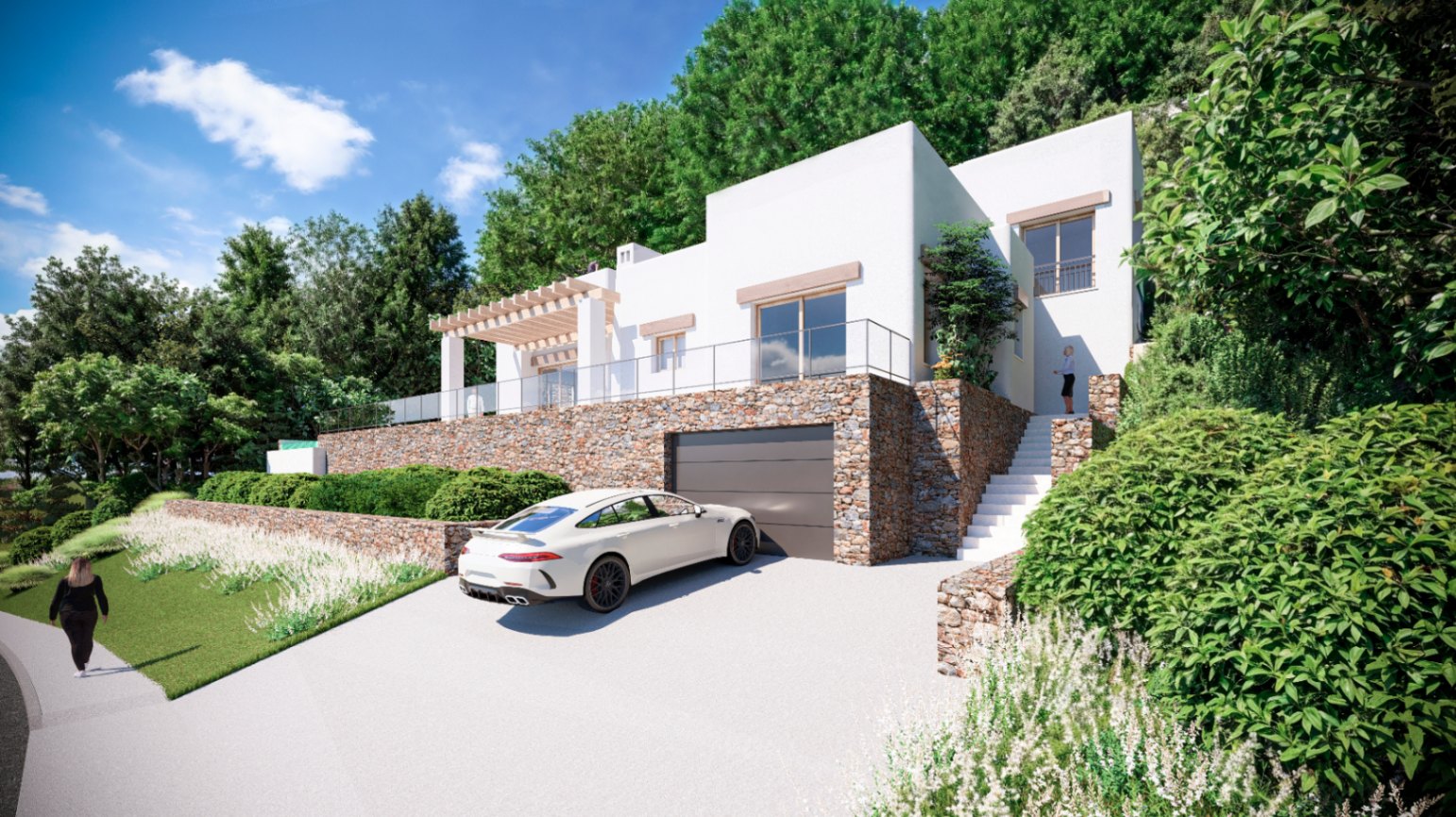Außenansicht der Villa mit weißer Fassade, Natursteinmauern, integrierter Garage und einer Terrasse mit Holzpergola inmitten grüner Umgebung.