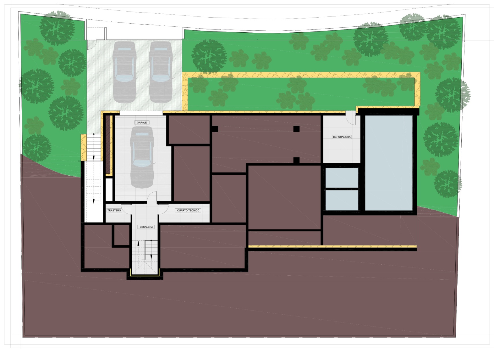 Technischer Grundriss des Untergeschosses mit Privatgarage, Abstellraum, Technikraum und Pool-Filteranlage, eingebettet in die Gartenplanung.