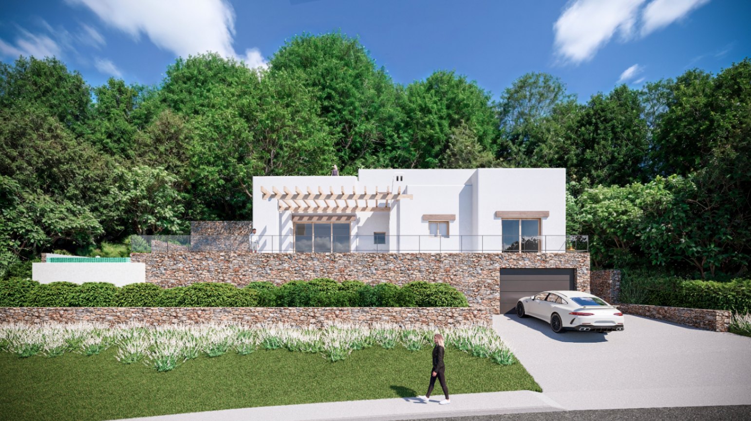 Villa im Ibiza-Stil mit weißen Fassaden, Natursteinmauern, Holzpergola und integrierter Garage unter der Terrasse mit Glasgeländer.