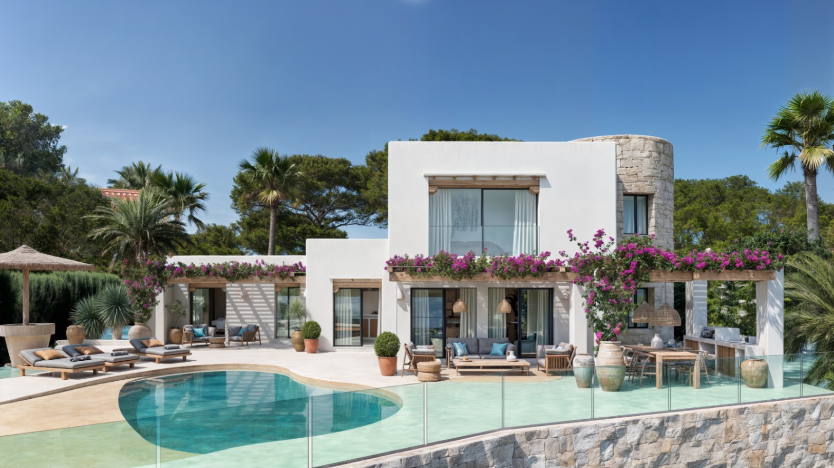 Außenansicht einer Ibiza-Villa mit geschwungenem Pool, Steinturm und Holzpergolen mit Bougainvillea, einschließlich Essbereich im Freien und Sommerküche.