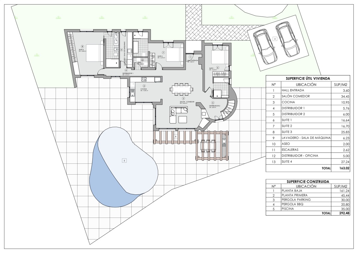 Detaillierter Grundriss des Erdgeschosses mit drei Schlafzimmern en-suite, offenem Wohn-Essbereich und Außenbereich mit Pool und Pergola.