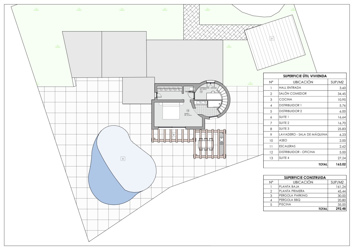 Detaillierter technischer Grundriss des Obergeschosses mit Suite 4, Büro, Terrasse mit Pergola und Pool, einschließlich Tabellen der Nutz- und Konstruktionsflächen.