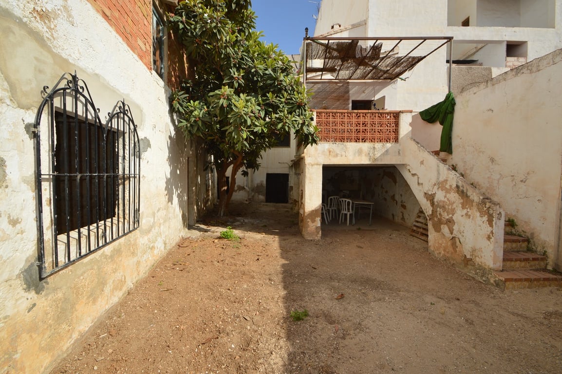 Privater Innenhof mit Naturboden, einem ausgewachsenen Baum und einer Außentreppe, die zu einer oberen Terrasse mit Metallpergola führt.