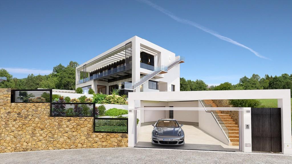 Moderne Villa mit minimalistischer weißer Fassade, Natursteinmauern, integrierter Garage und Außentreppen mit Glasgeländern auf mehreren Ebenen.