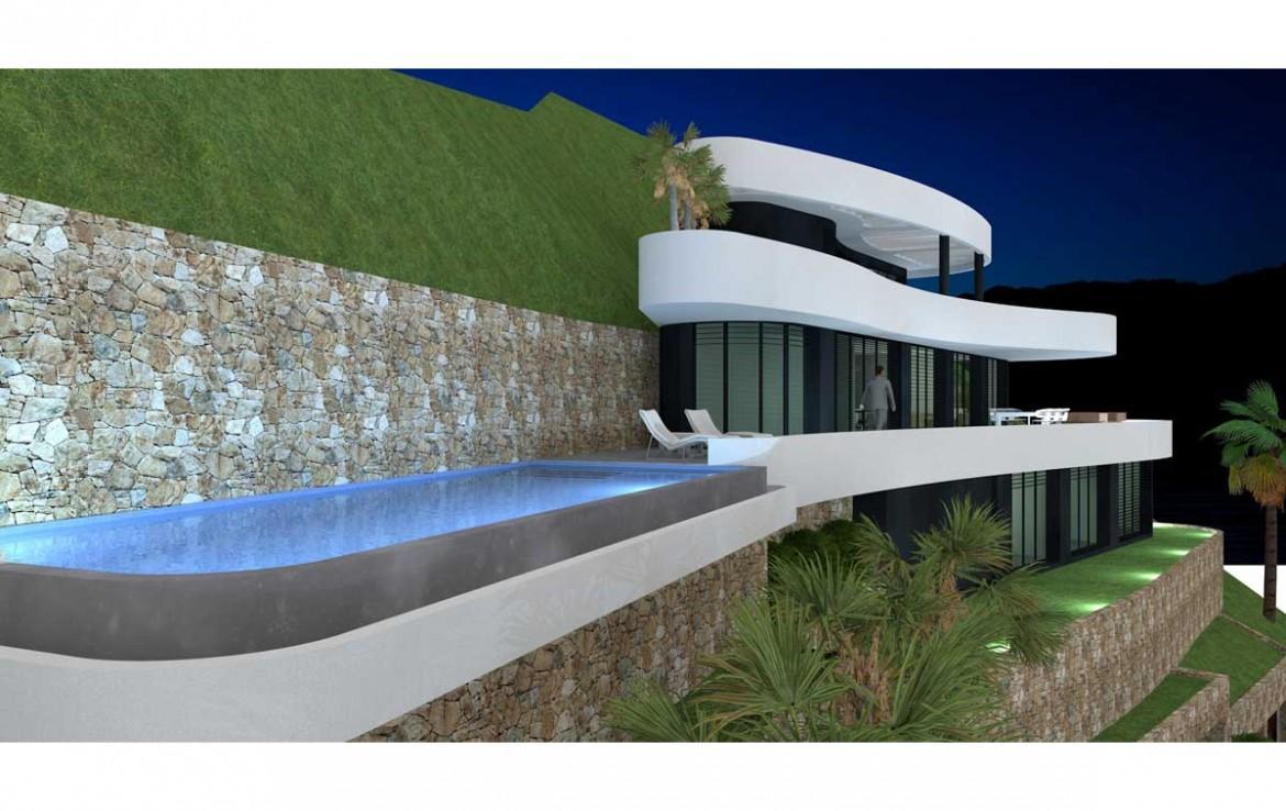 Außenansicht bei Nacht mit beleuchtetem Infinity-Pool, geschwungenen minimalistischen Terrassen und in den Hang integrierten Natursteinmauern.